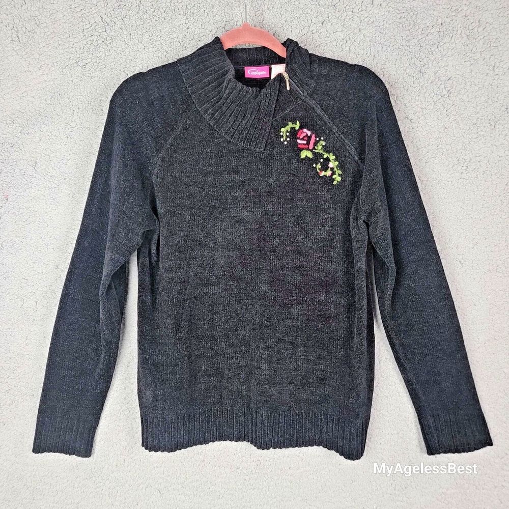 Pappagallo Womens Sweater M Pullover Asymmetric Zip Mock Embroidered Cottagecore